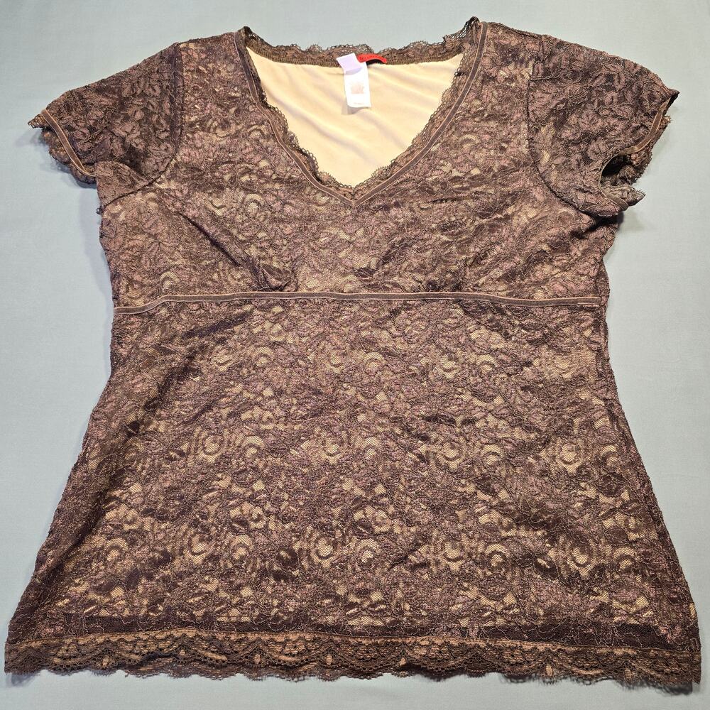 Tapemeasure Brown Preppy Lace Shirt Classic V-Neck Cap Sleeves Womens Size L Top